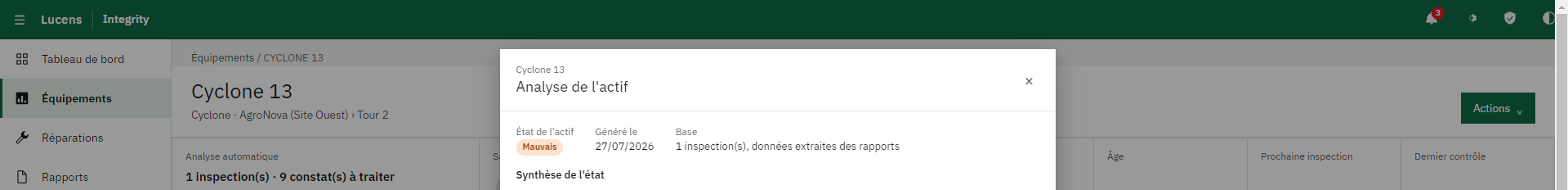 Analyse de l'actif générée par Lucens Integrity depuis les rapports d'inspection